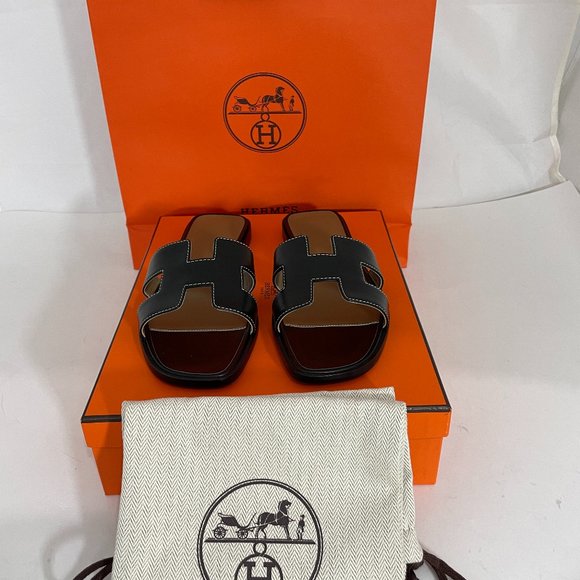 HERMES NWB BLACK NOIR ORAN SANDAL SLIPPER - Picture 1 of 7